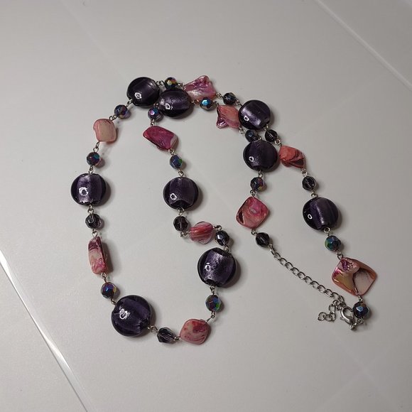 Purple Glass And Pink Shell Bead Necklace 31 Inches Long - Picture 1 of 11